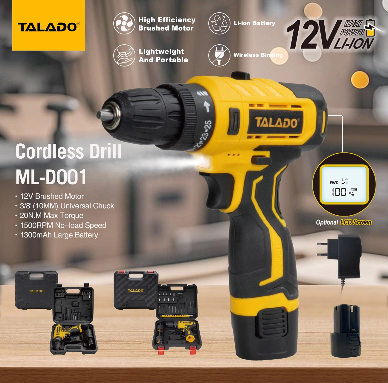 M&aacute;y khoan kh&ocirc;ng d&acirc;y m&ocirc;-men xoắn cao tốc độ k&eacute;p 12V với m&agrave;n h&igrave;nh kỹ thuật số t&ugrave;y chọn cho c&ocirc;ng việc cải tạo DIY của hộ gia đ&igrave;nh