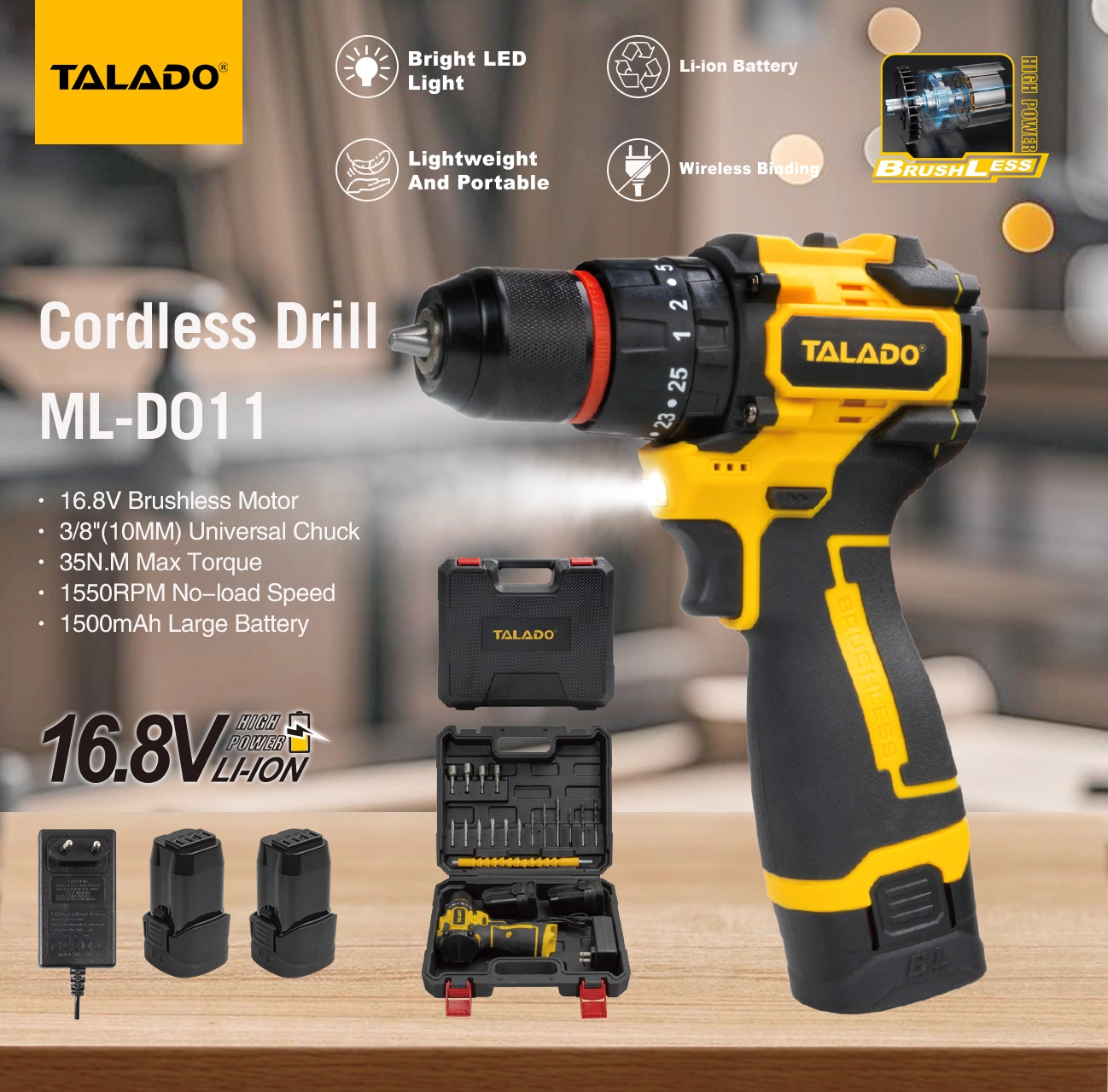 M&aacute;y khoan kh&ocirc;ng d&acirc;y kh&ocirc;ng chổi than 16.8V M&aacute;y khoan cầm tay m&ocirc;-men xoắn cao 35N.M để cải tạo tại nh&agrave; DIY